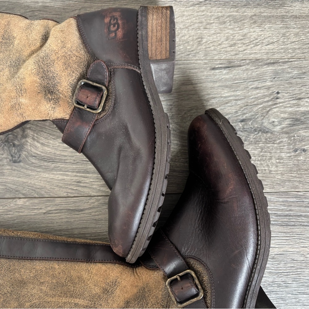 UGG Dark Brown and Tan Leather Boots - Picture 3 of 5